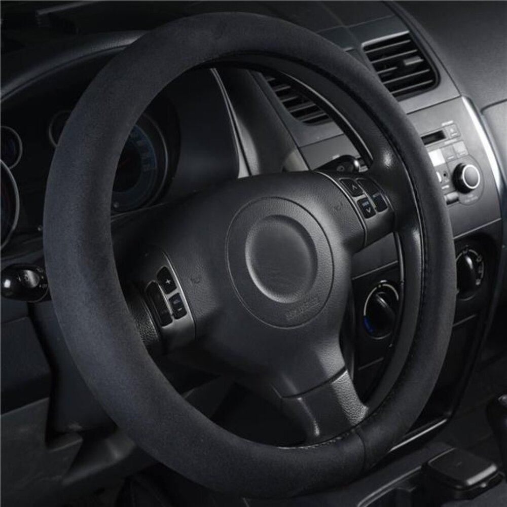 Black Faux Suede 14.5-15 Inch Memory Foam Steering Wheel Covers Breathable